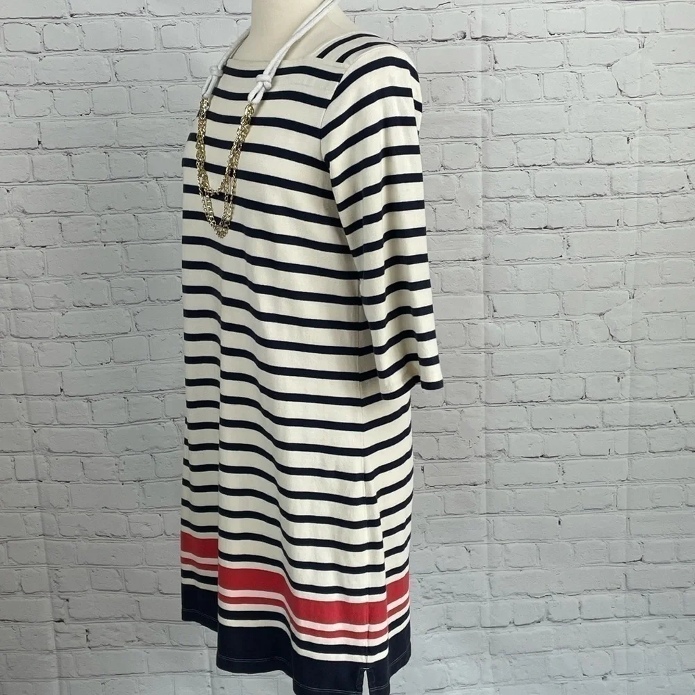 LL Bean Medium Boat Neck 3/4 Sleeve Dress Striped 100% Cotton Cream/Blue/Red - Picture 3 of 11